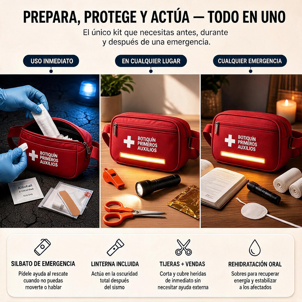 Kit de Primeros Auxilios Completo con Linterna y Pito de Emergencia.